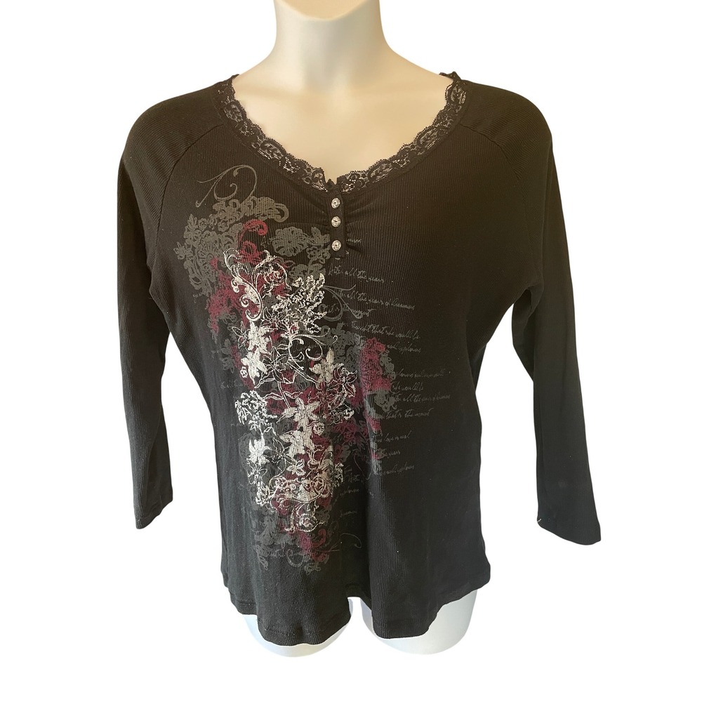 Lena Y2K Whimsigoth Dark Floral Graphic Lace Trim Henley Top Size 16/18 Grunge